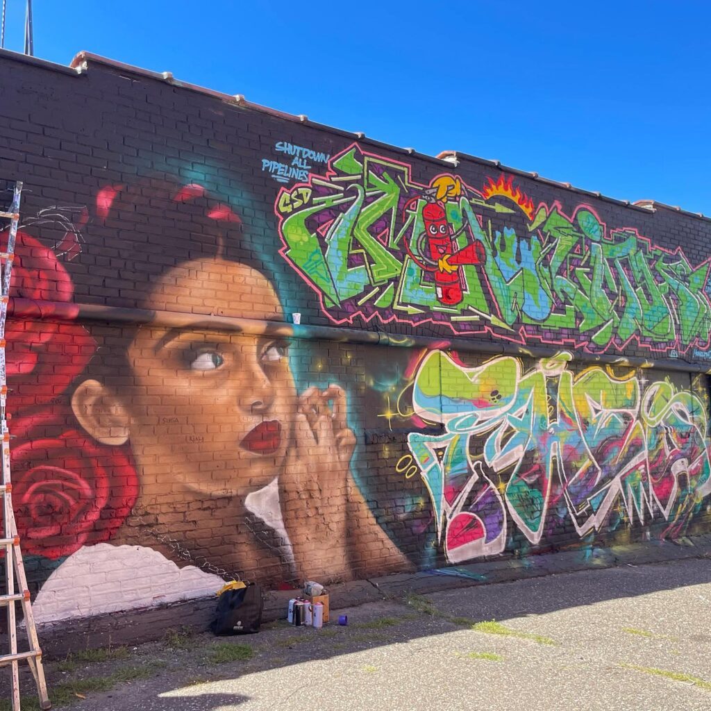 A mural painted on a brick wall depicts a person with medium skin tone and red flowers in their hair looking at graffiti style text.