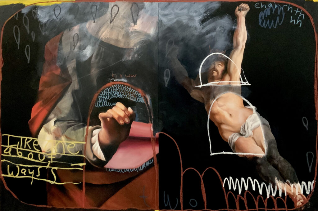 A painting of Jesus and and a painting of a figure holding up their hand, surrounded by smoke and child-like scribbles. The words Like one about wayss are visible in the bottom lower corner.