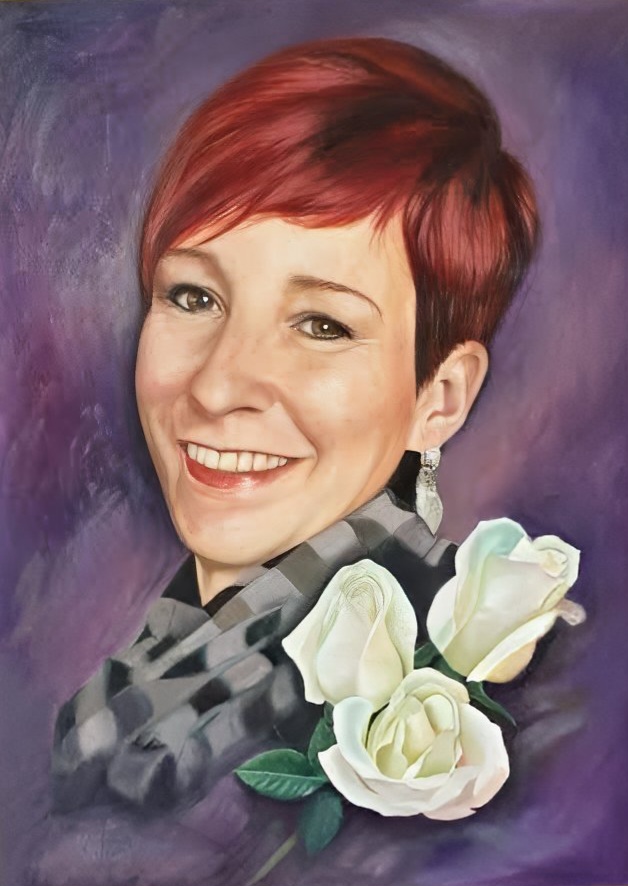 A painted portrait of a smiling woman with short red hair on a purple background. Three white roses bloom in the foreground.
