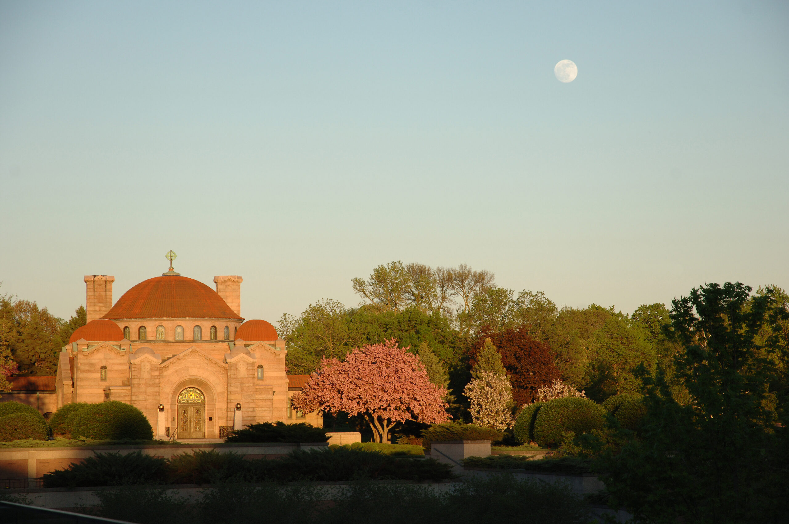 A zoomed out image of cemetery grounds, including a tan building, a tree line, and a moon in a blue sky.