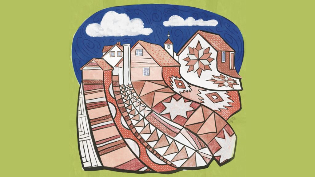 An illustration of a patchwork town with buildings that turn into undulating patterns
