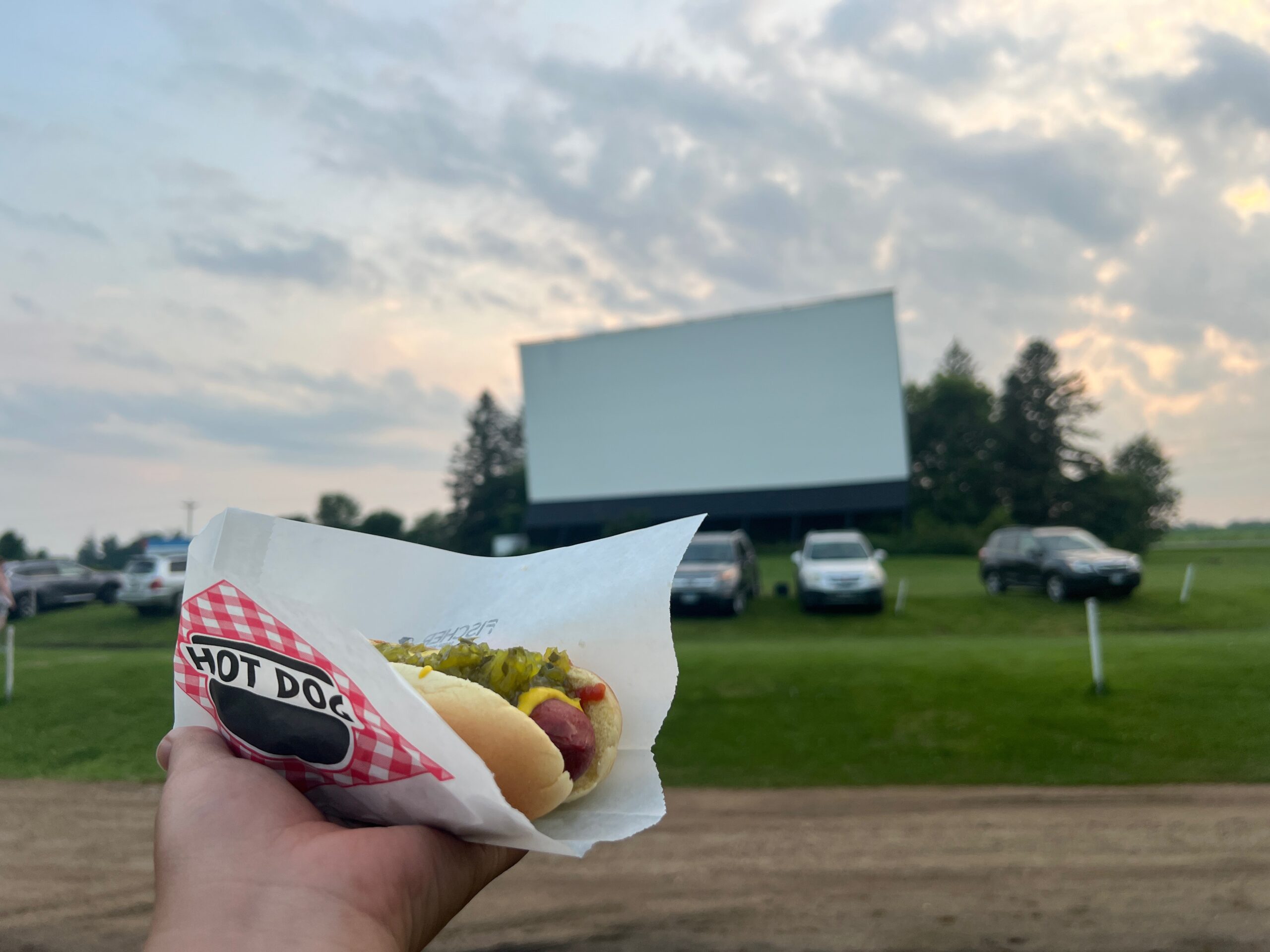 A person holding a hot dog in front of a large outdoor movie screen.