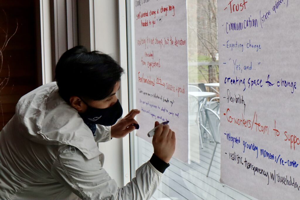 A man wearing a mask adds to two large post its on a window