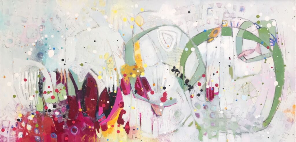 An abstract painting with green and red colors. Circular forms and rectangular shapes intersect and meet.