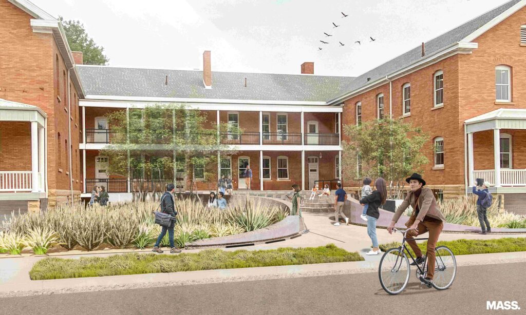 A rendered image of a public space showing seating around curved walls and green areas by a brick building.