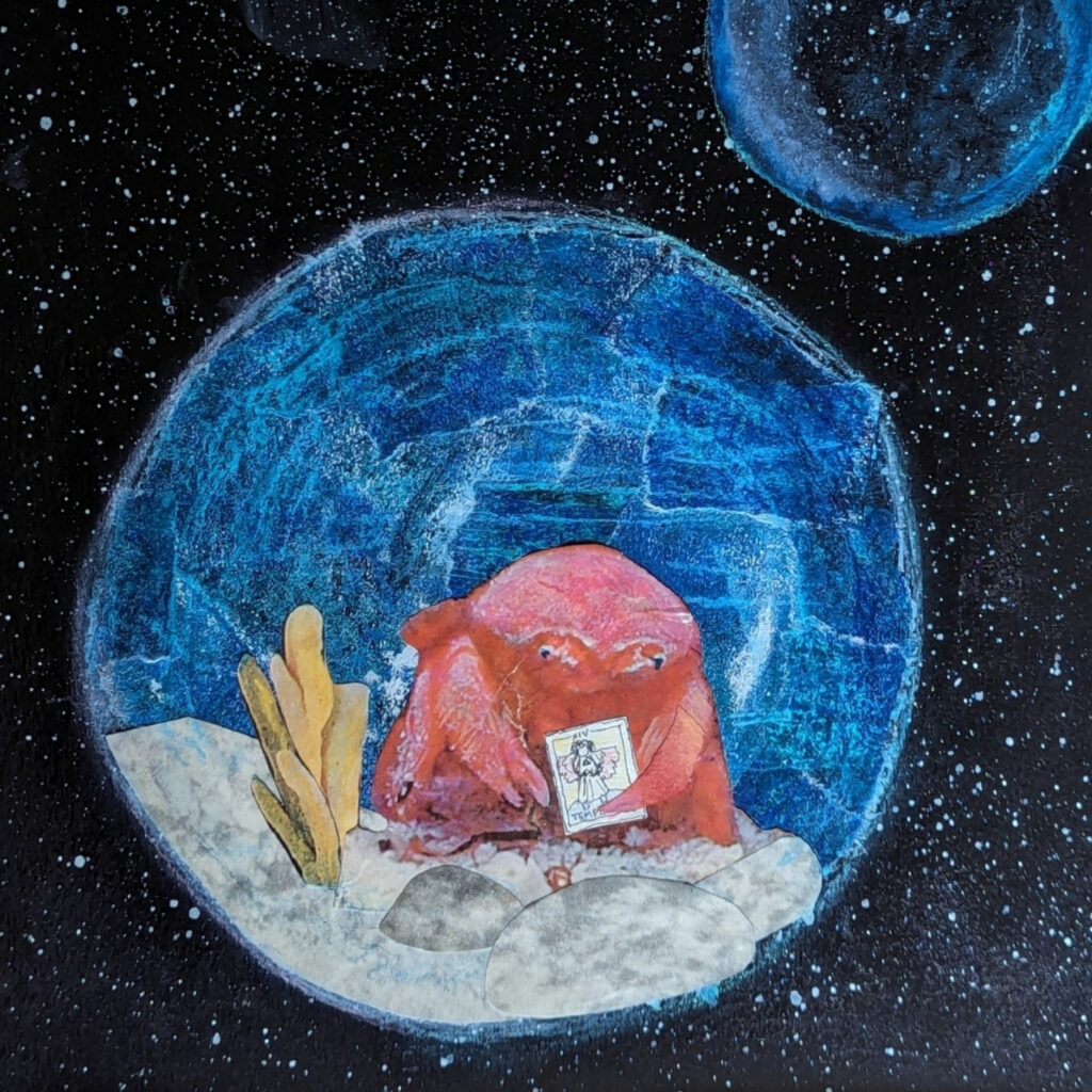 A mixed media piece of a crab holding a tarot card looking solemn as it floats within a bubble in space.