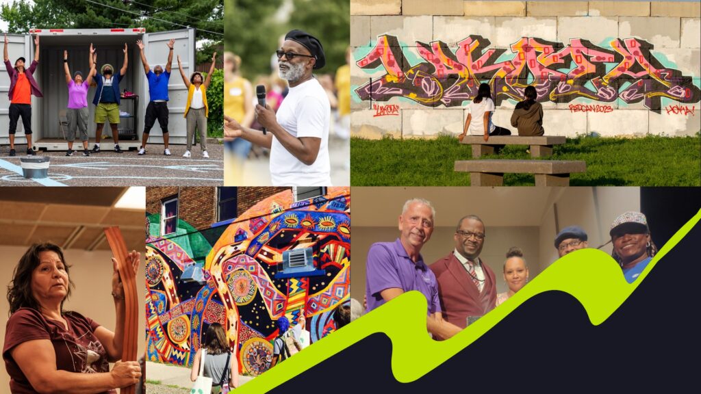 A collage of photos of people engaging in different arts events.