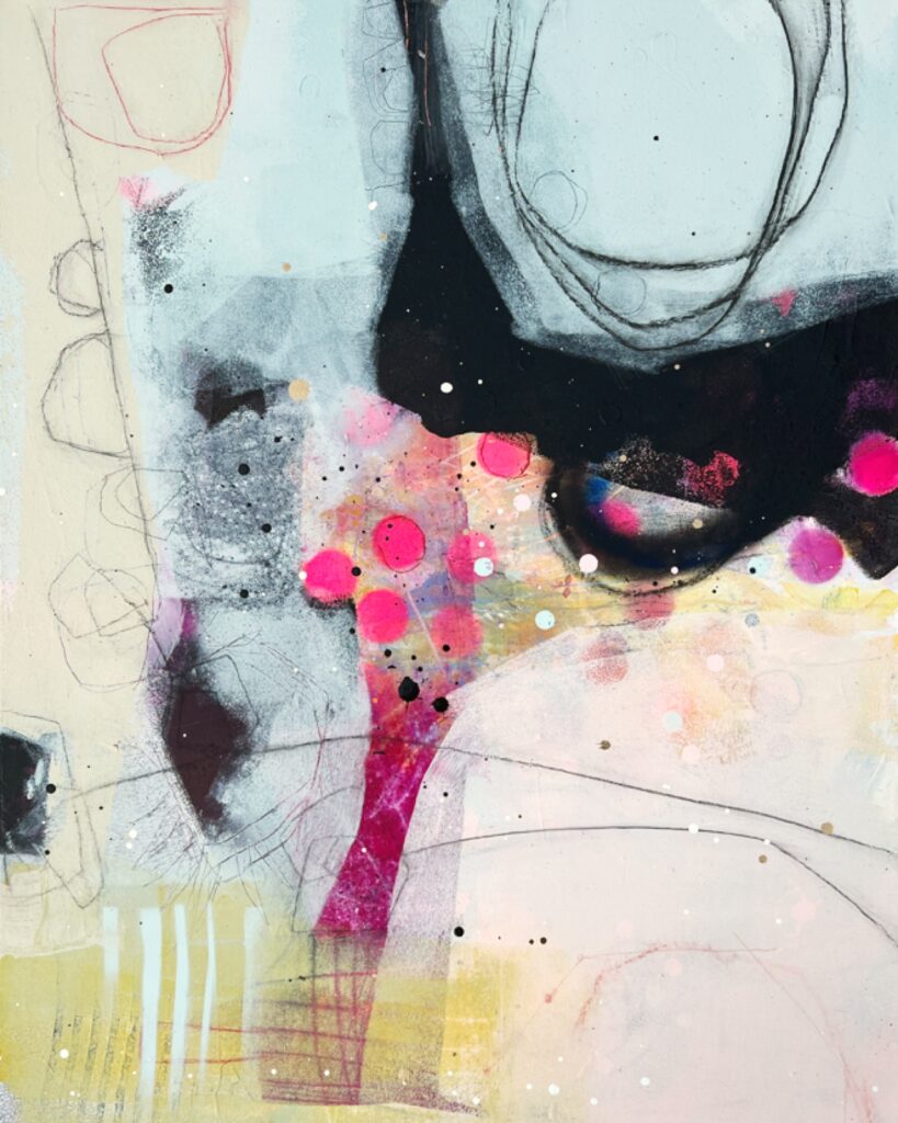 An abstract painting with black, pink, and yellow colors. Thin lines and blobs of bright color overlap.