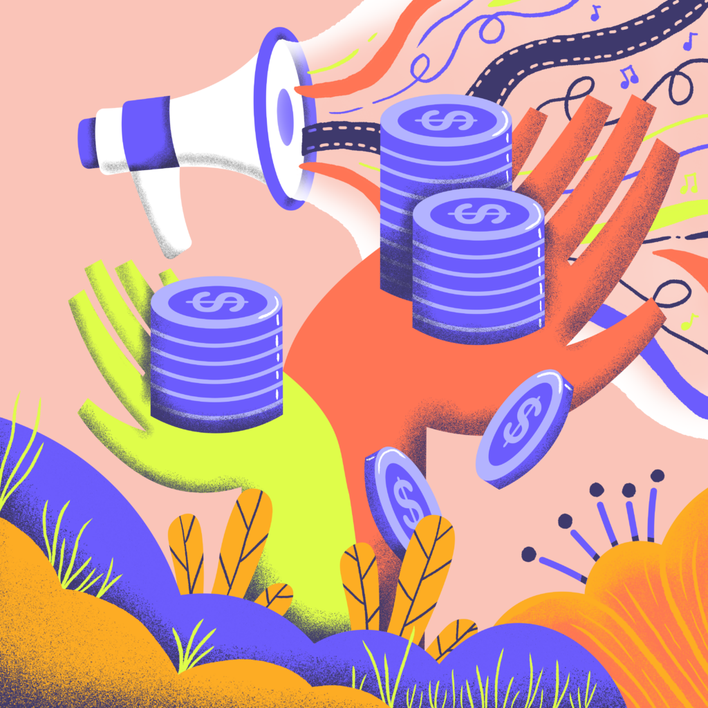 In the image: two hands holding up funding emerging from the ground to convey support, megaphone with various mediums of artmaking (brushstrokes, film strip, musical notes, threads, pencil lines) emanating out to convey advocating for artists across various disciplines and ensuring their voices are represented.