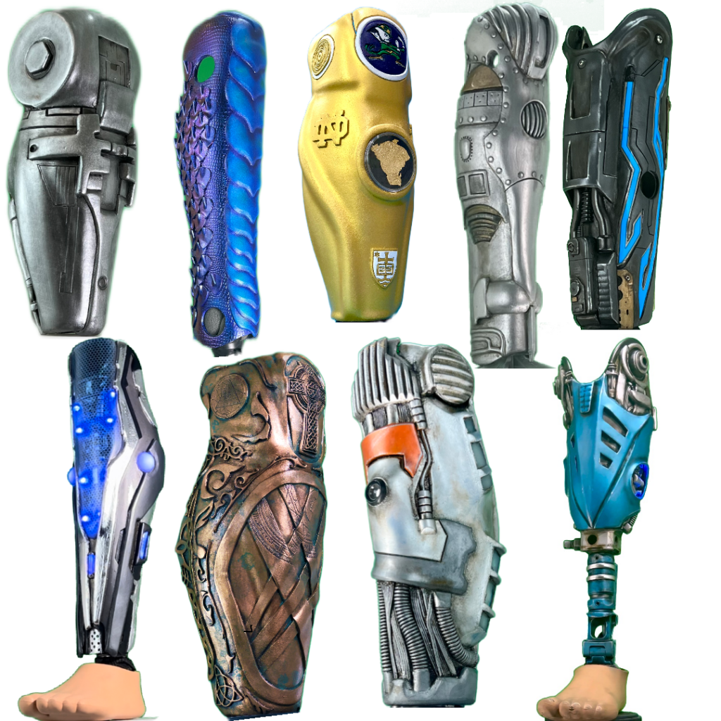 A collection of prosthetic legs with decorative elements and themed designs