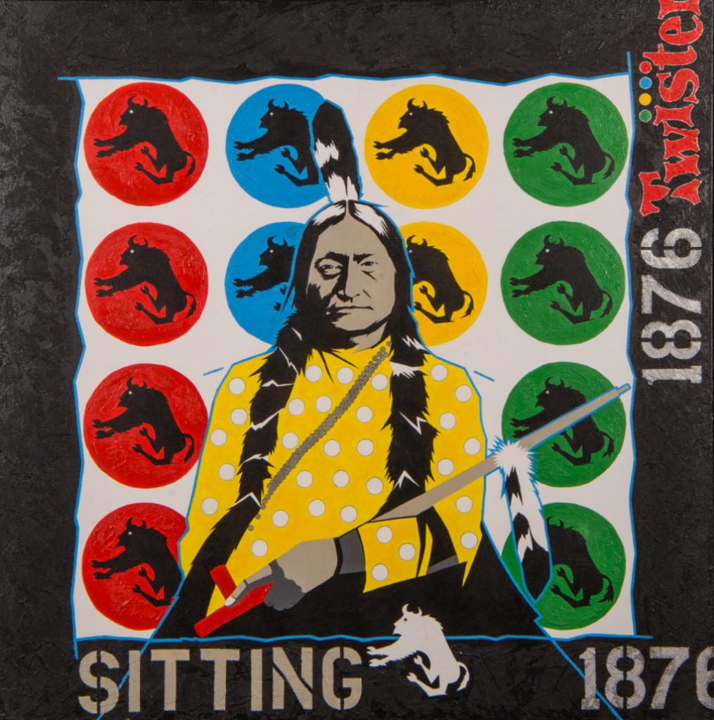 A painting of a Twister game mat and a person wearing yellow with the text: Sitting 1876 Twister"