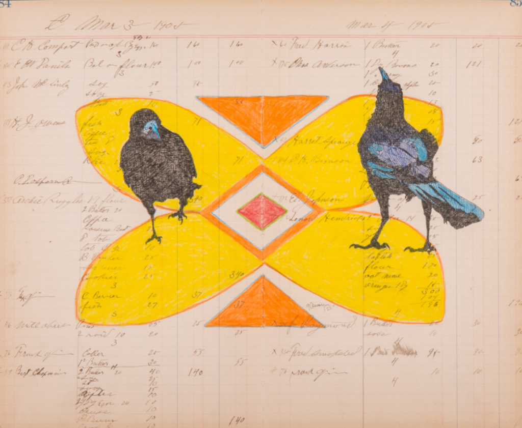 An illustration of two birds and a yellow and orange shape.