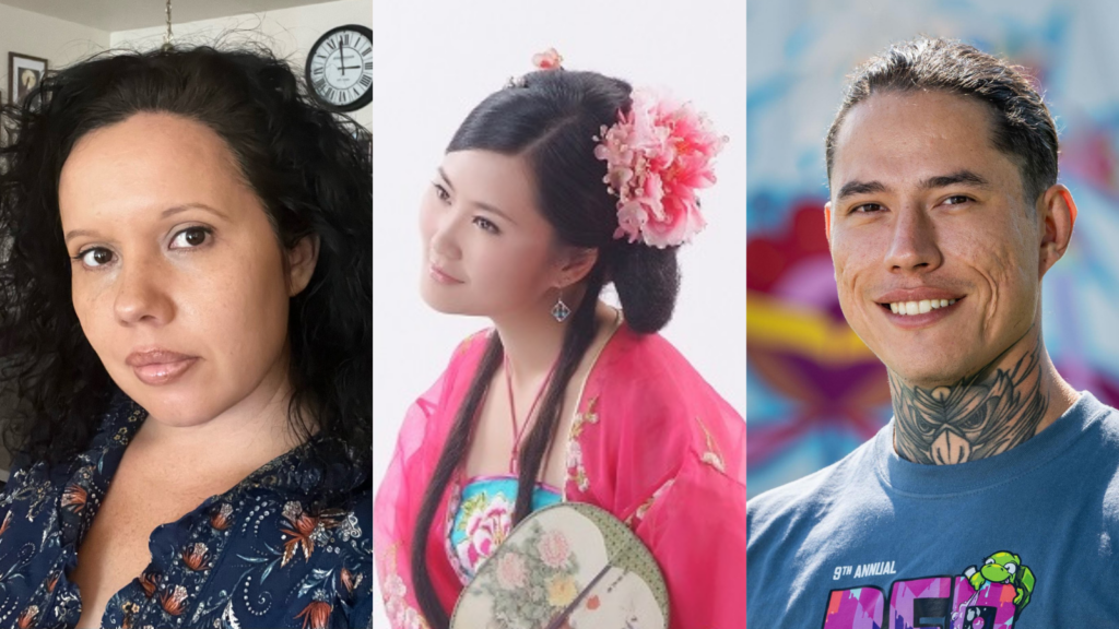 Headshots of three people of medium dark skin tone arranged as a collage
