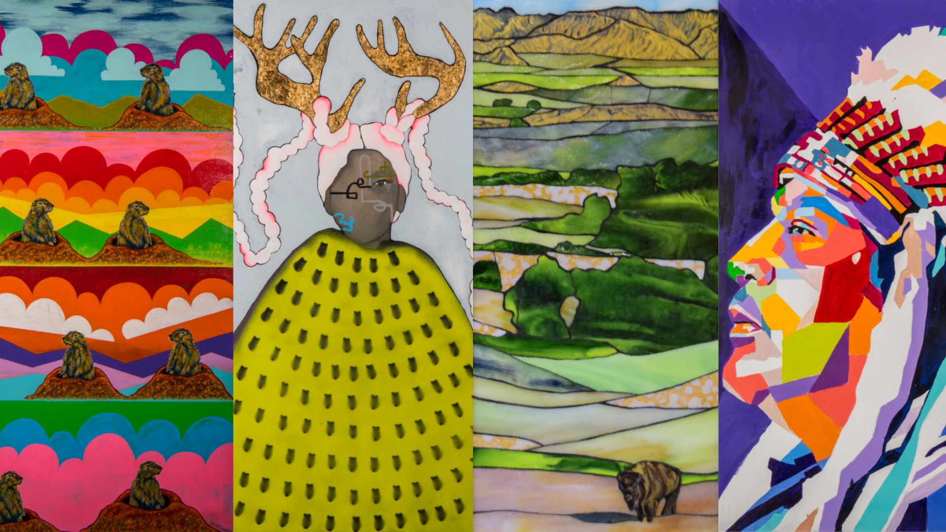 Four art pieces in a collage together, featuring vibrant colors.